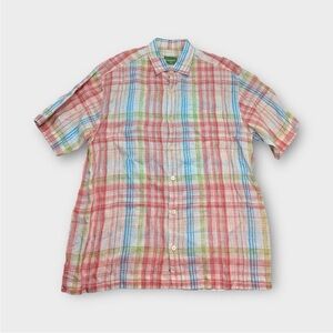 Tommy Bahama Linen Button Down Short Sleeve Mens Large Shirt Pink Blue Plaid